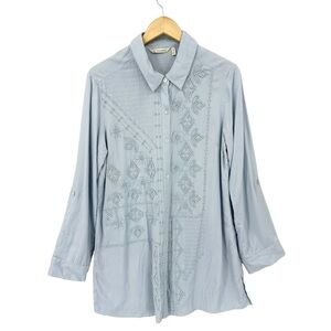 SOFT SURROUNDINGS Tunic Top Embroidered, Adjustable Sleeve Blue
